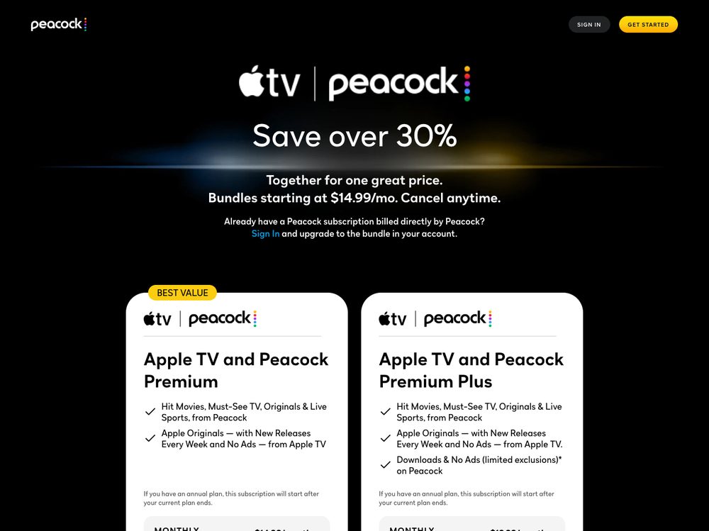 Apple TV and Peacock bundle landing page