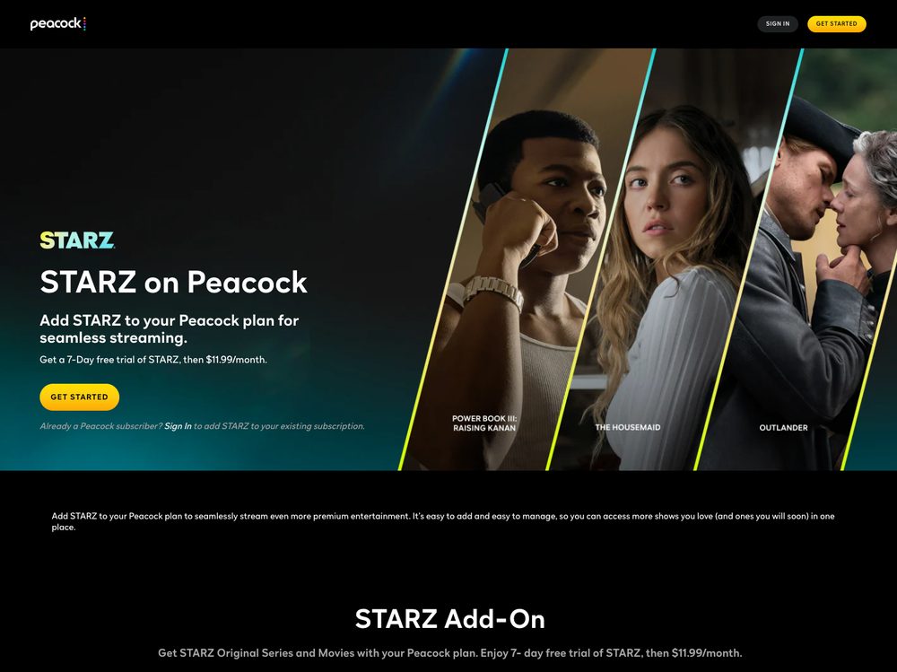 STARZ on Peacock add-on landing page